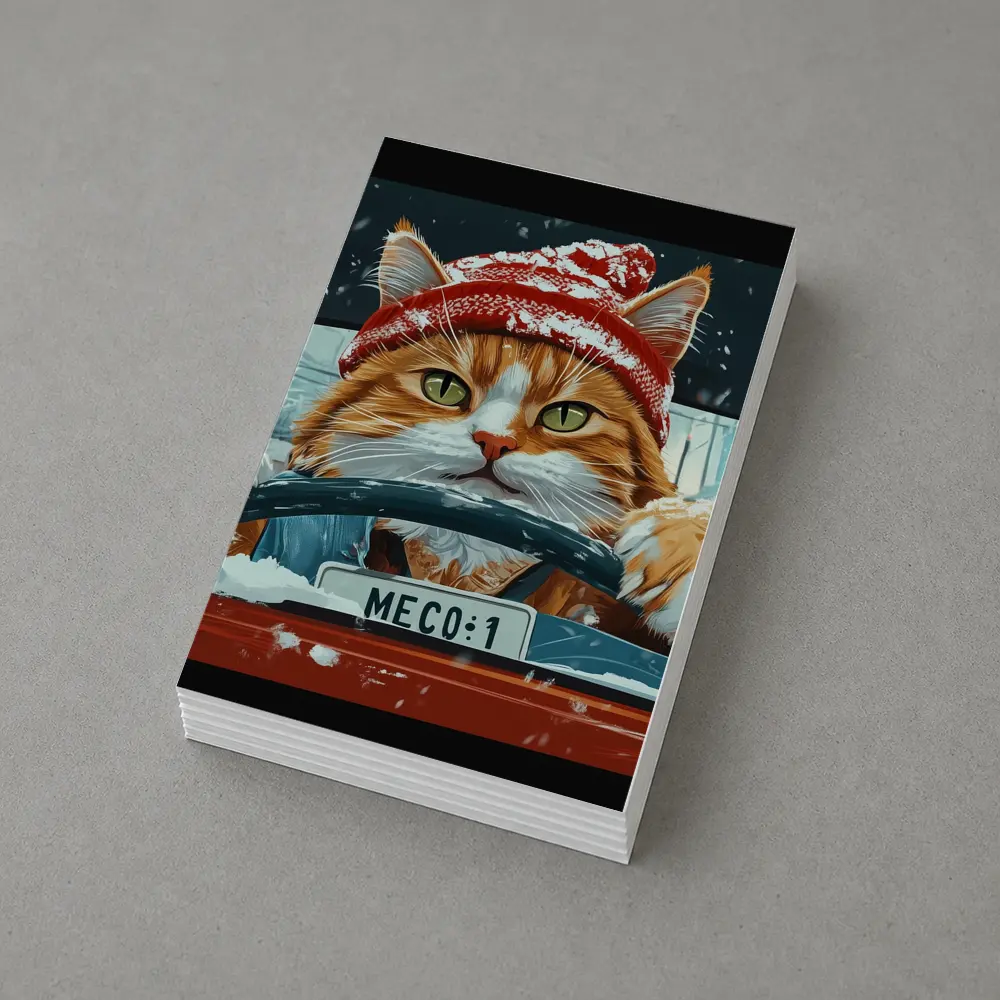 Orange Cat Driving Red Car Snowy Street – Postcards