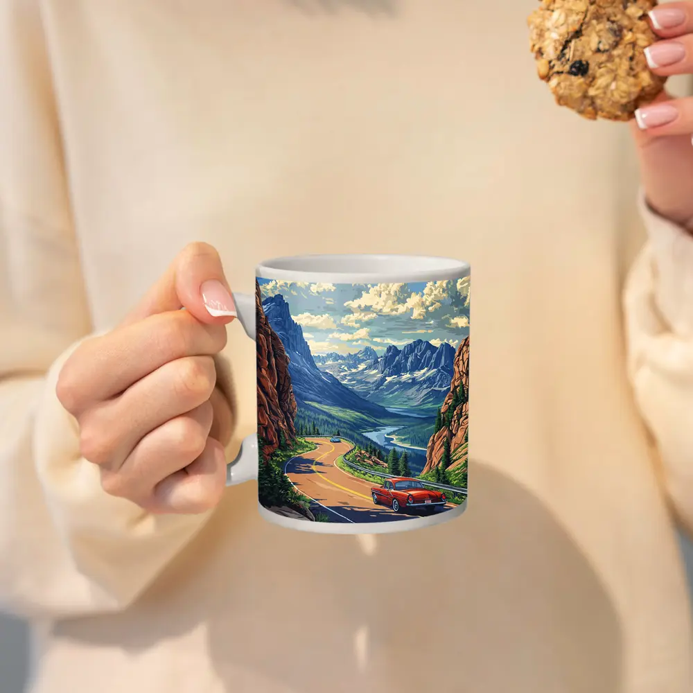 Red Classic Car Mountain Road Pop Art – Mugs