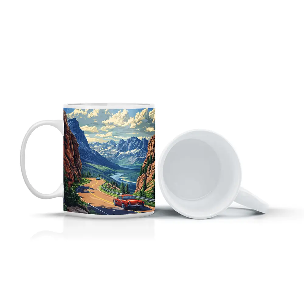 Red Classic Car Mountain Road Pop Art – Mugs