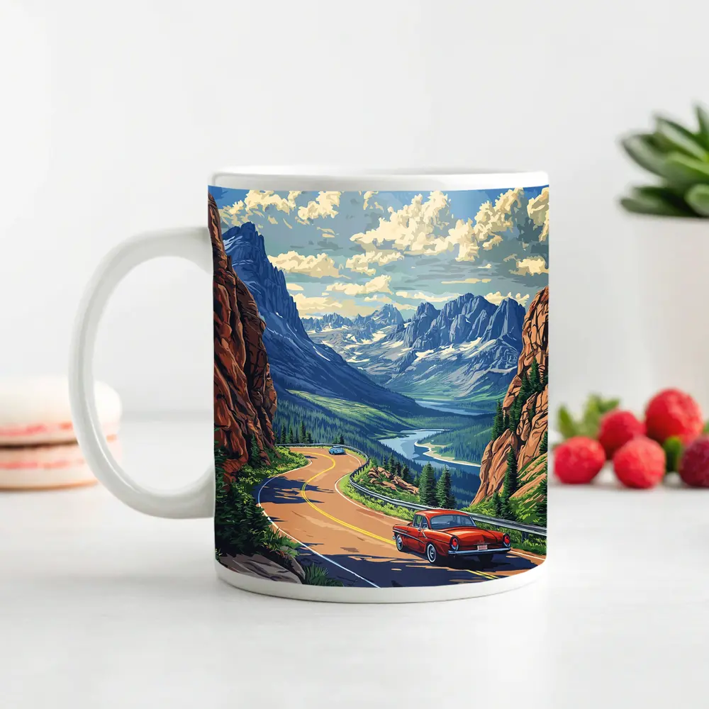 Red Classic Car Mountain Road Pop Art – Mugs