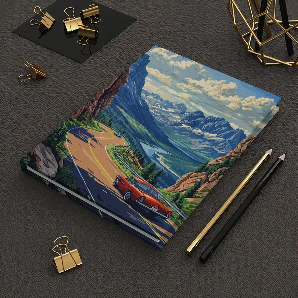 Red Classic Car Mountain Road Pop Art – Notebooks