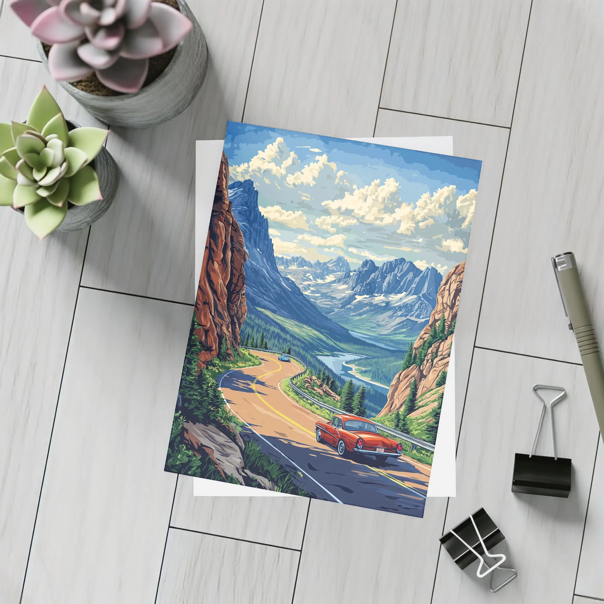 Red Classic Car Mountain Road Pop Art – Postcards
