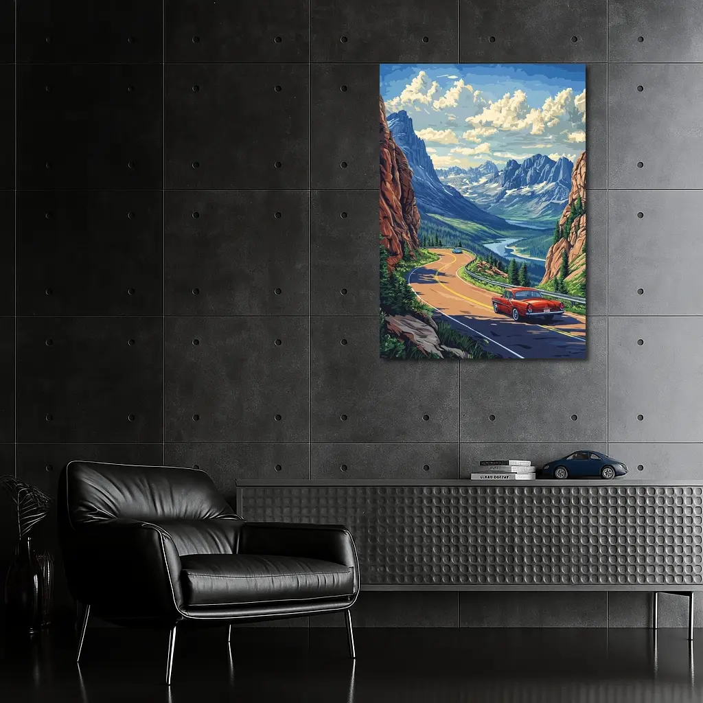 Red Classic Car Mountain Road Pop Art – Wall Art