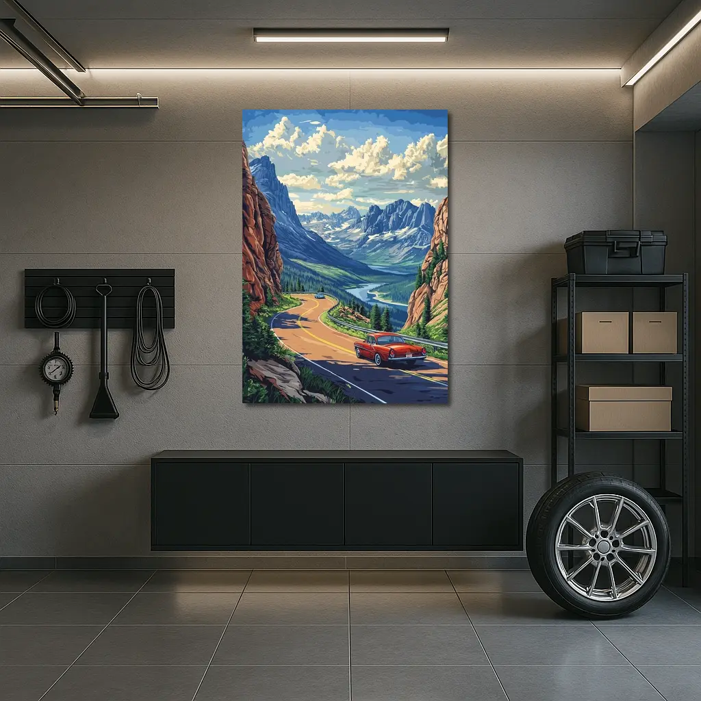 Red Classic Car Mountain Road Pop Art – Wall Art
