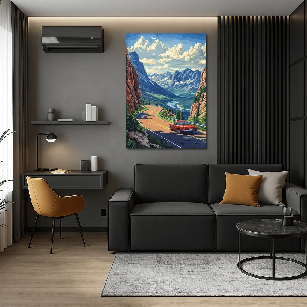 Red Classic Car Mountain Road Pop Art – Wall Art