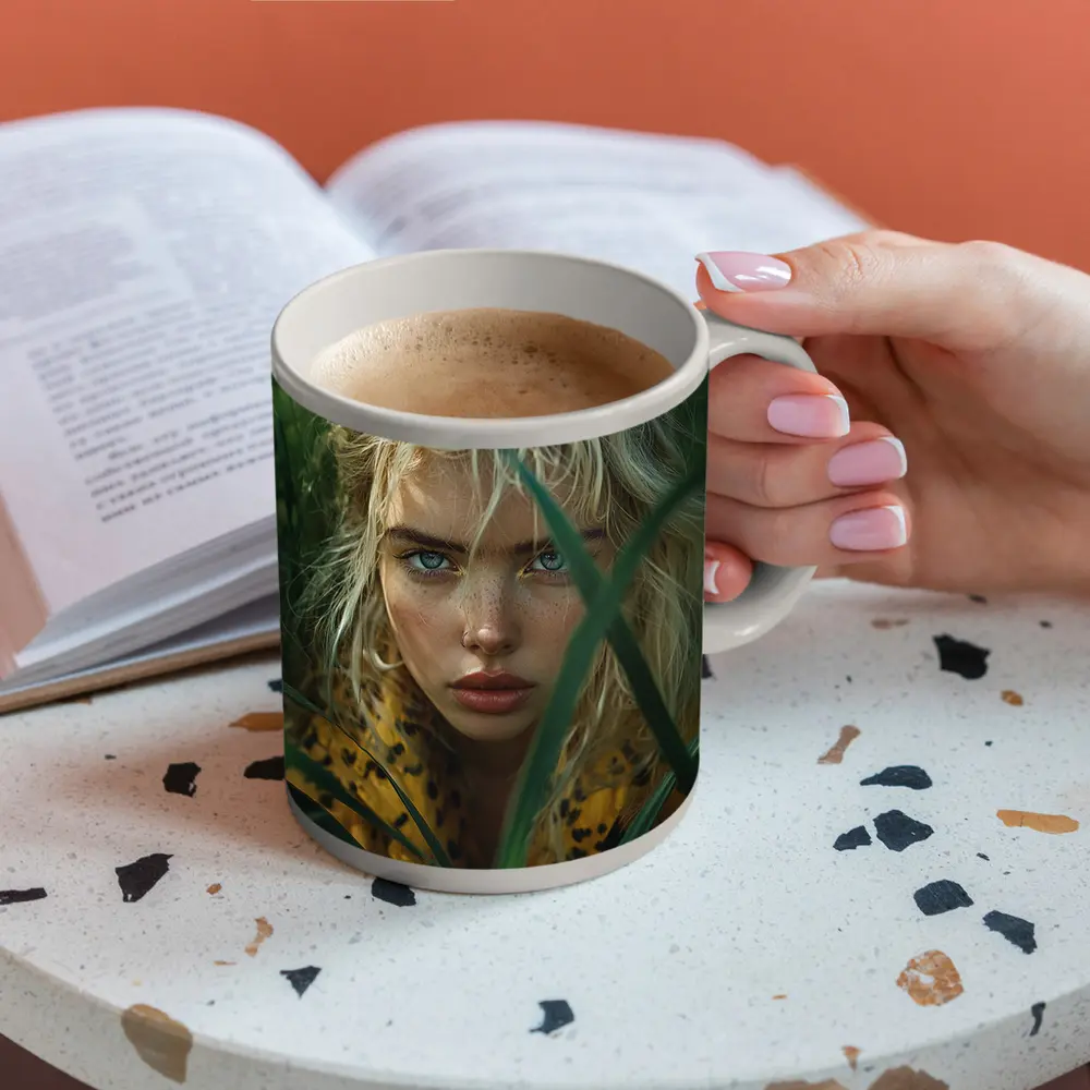 Blonde Woman Blue Eyes Green Grass – Mugs