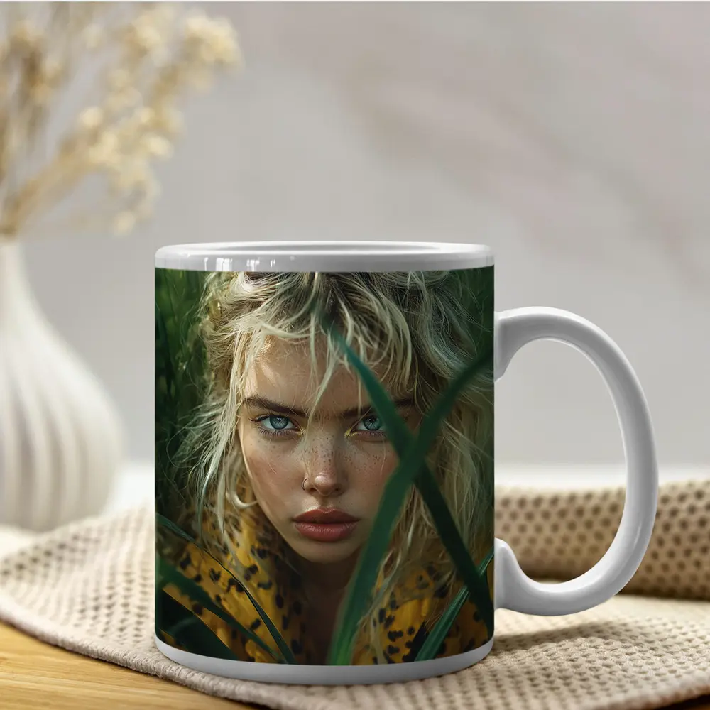 Blonde Woman Blue Eyes Green Grass – Mugs