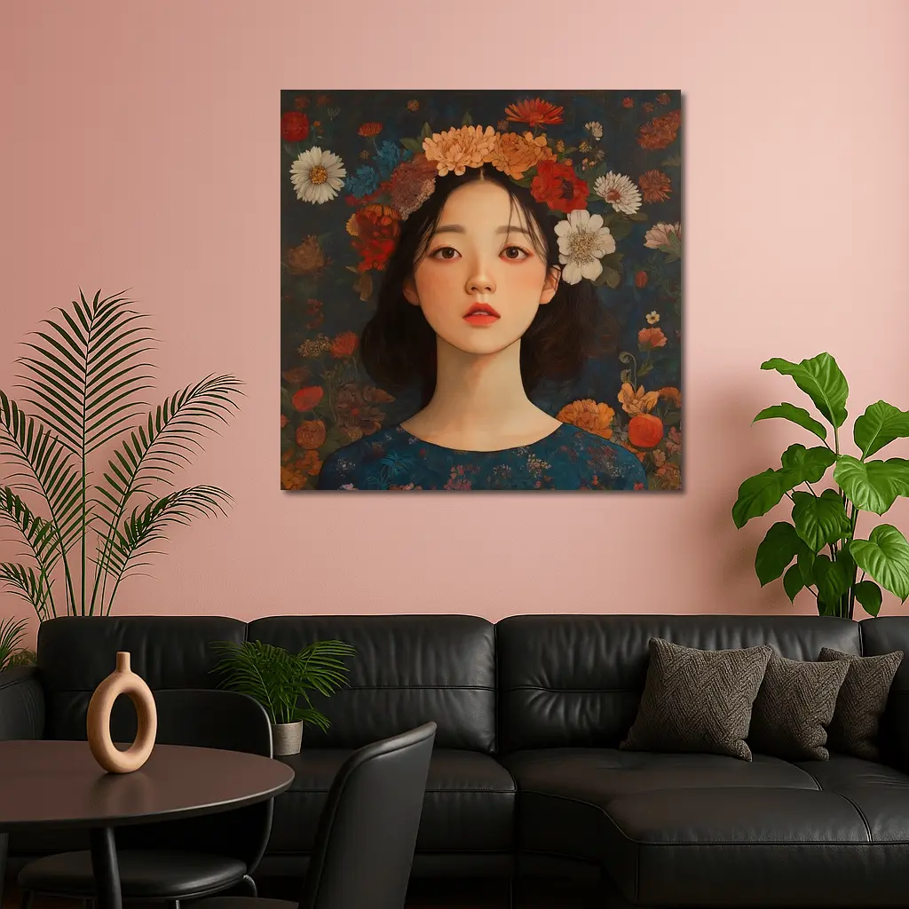 Asian Girl Floral Crown Dark Botanical Background – Wall Art