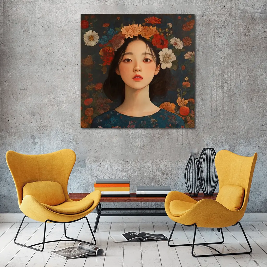 Asian Girl Floral Crown Dark Botanical Background – Wall Art