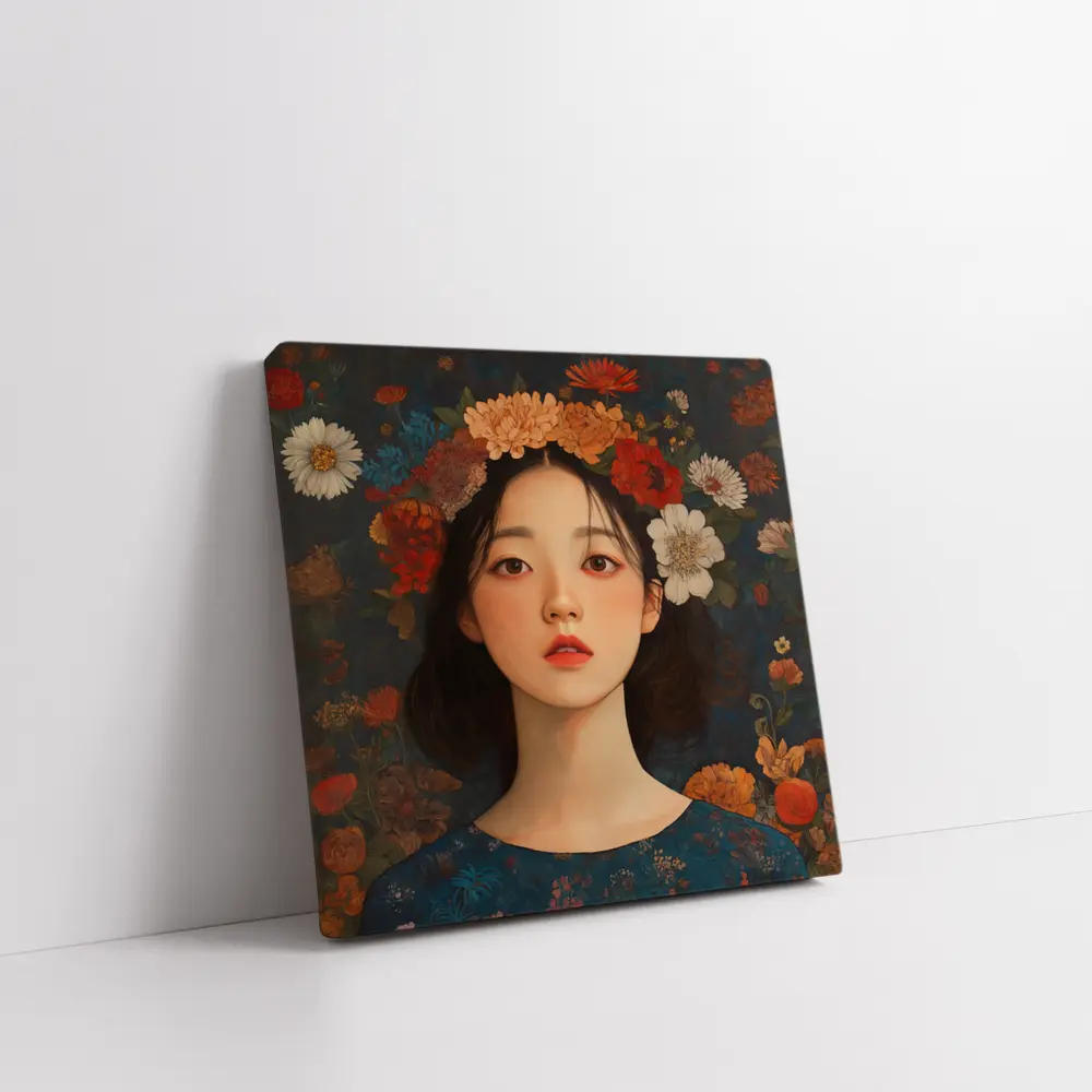 Asian Girl Floral Crown Dark Botanical Background – Wall Art