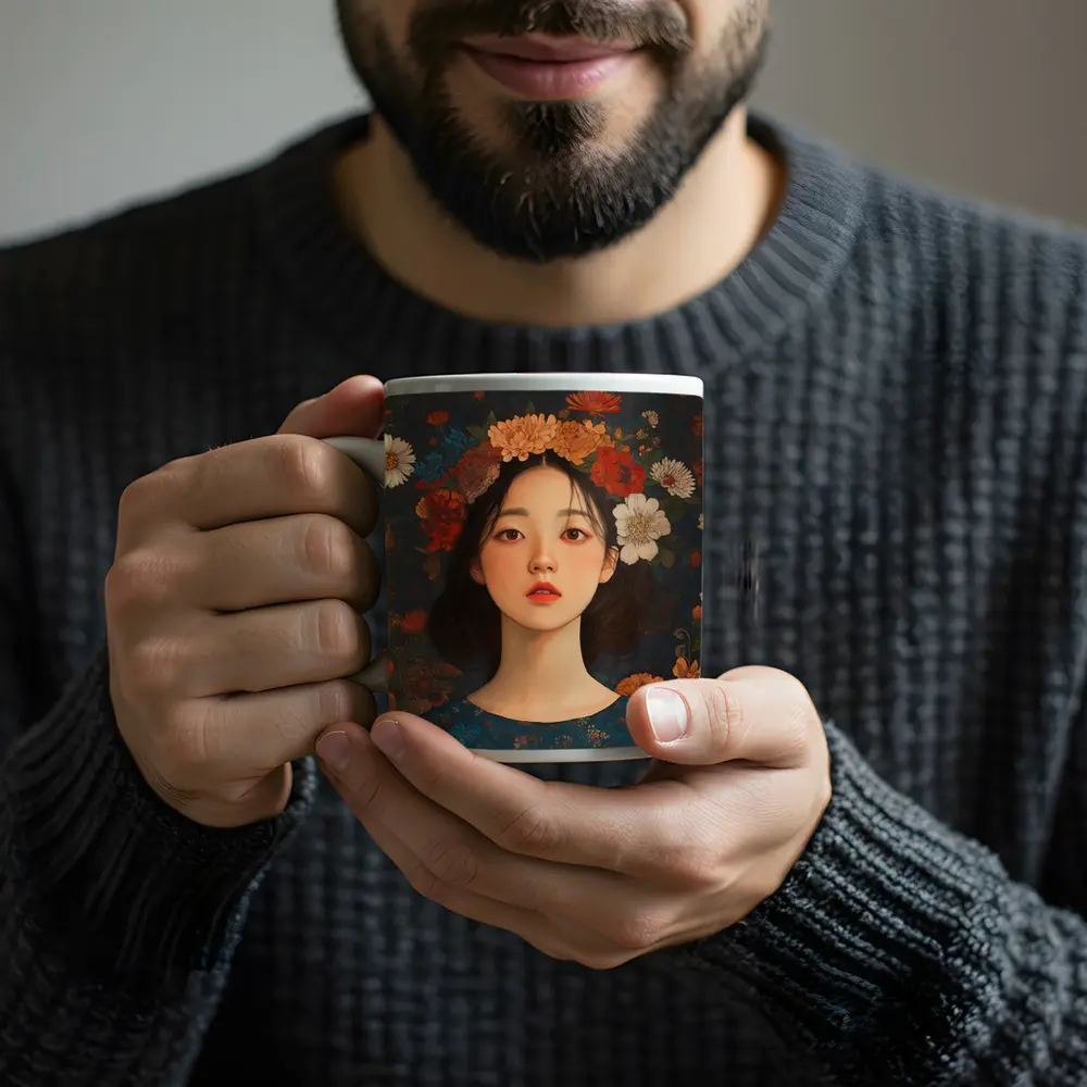 Asian Girl Floral Crown Dark Botanical Background – Mugs