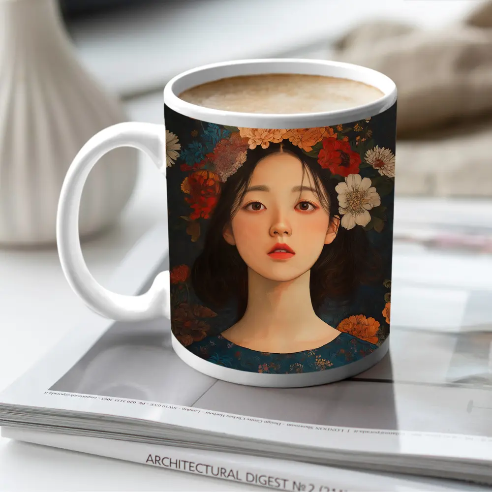 Asian Girl Floral Crown Dark Botanical Background – Mugs