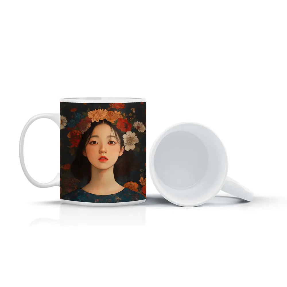 Asian Girl Floral Crown Dark Botanical Background – Mugs