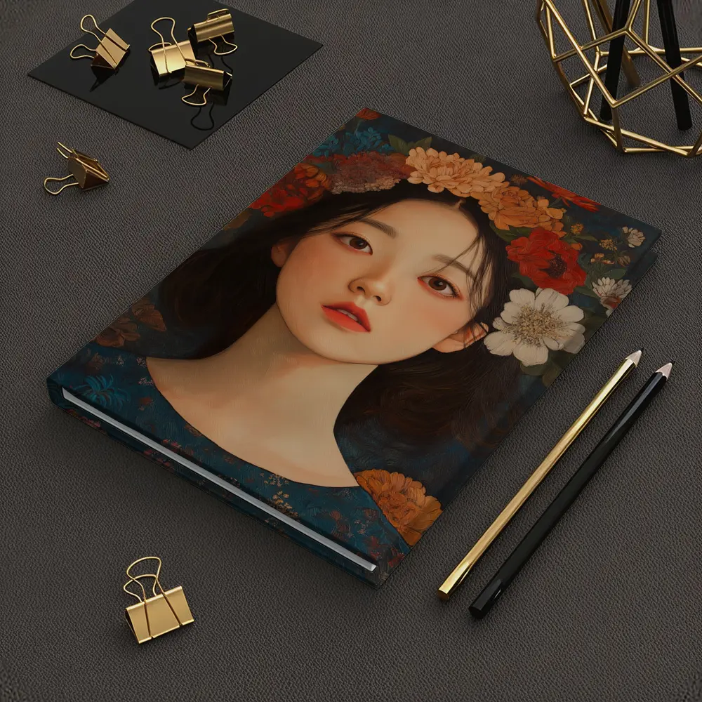 Asian Girl Floral Crown Dark Botanical Background – Notebooks