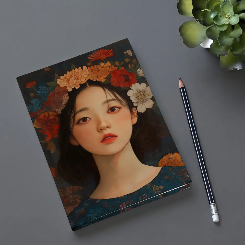 Asian Girl Floral Crown Dark Botanical Background – Notebooks