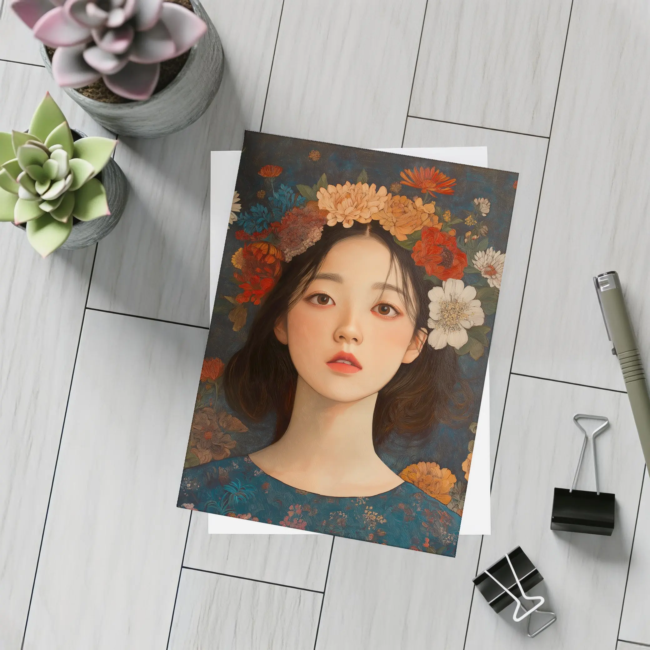 Asian Girl Floral Crown Dark Botanical Background – Postcards