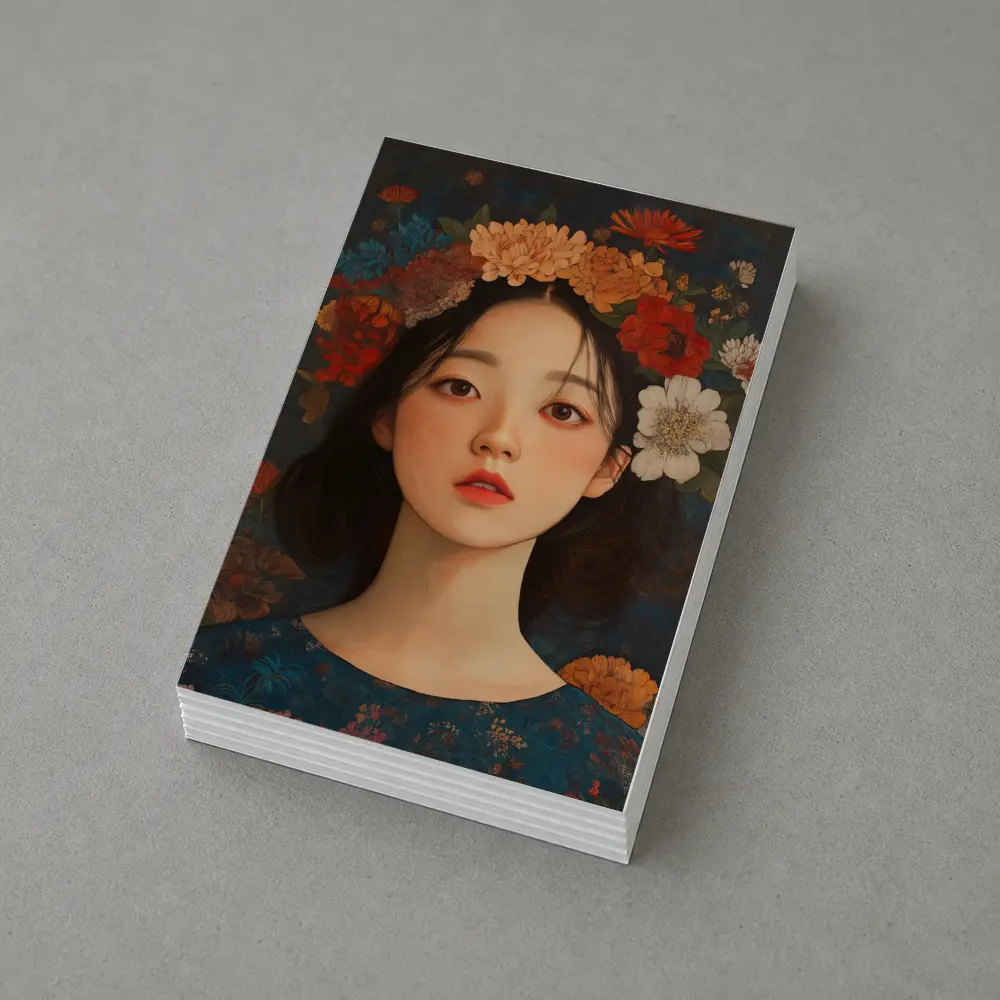 Asian Girl Floral Crown Dark Botanical Background – Postcards