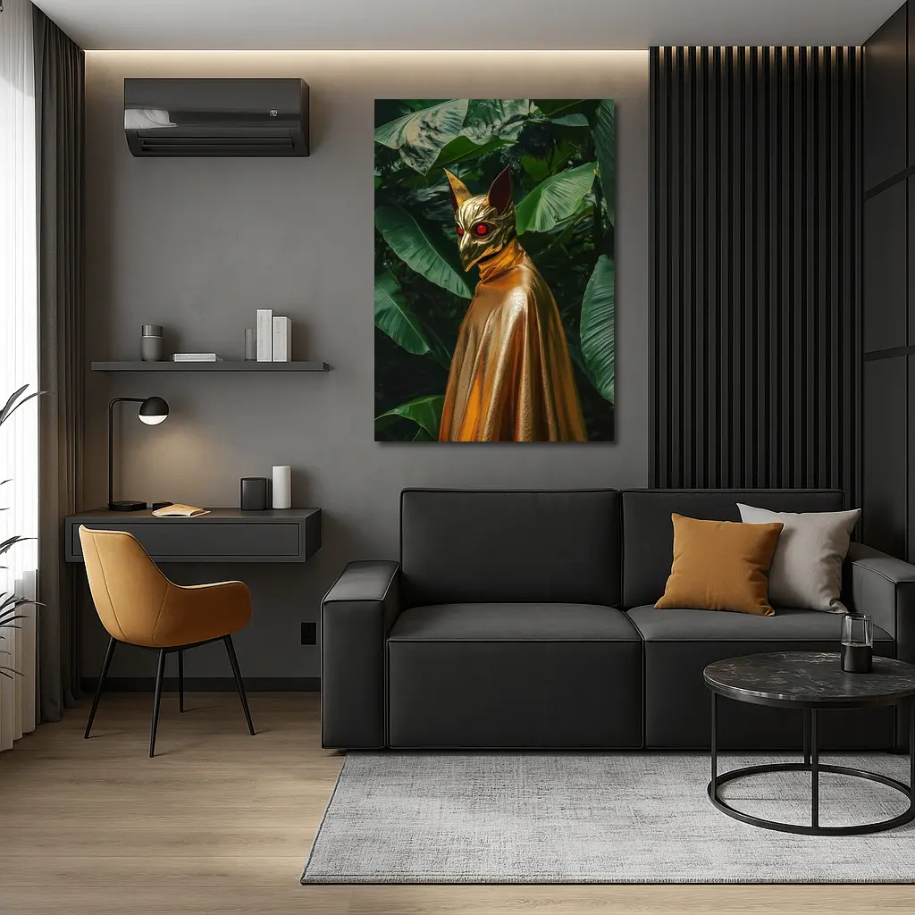 Golden Masked Figure Tropical Jungle Background – Wall Art