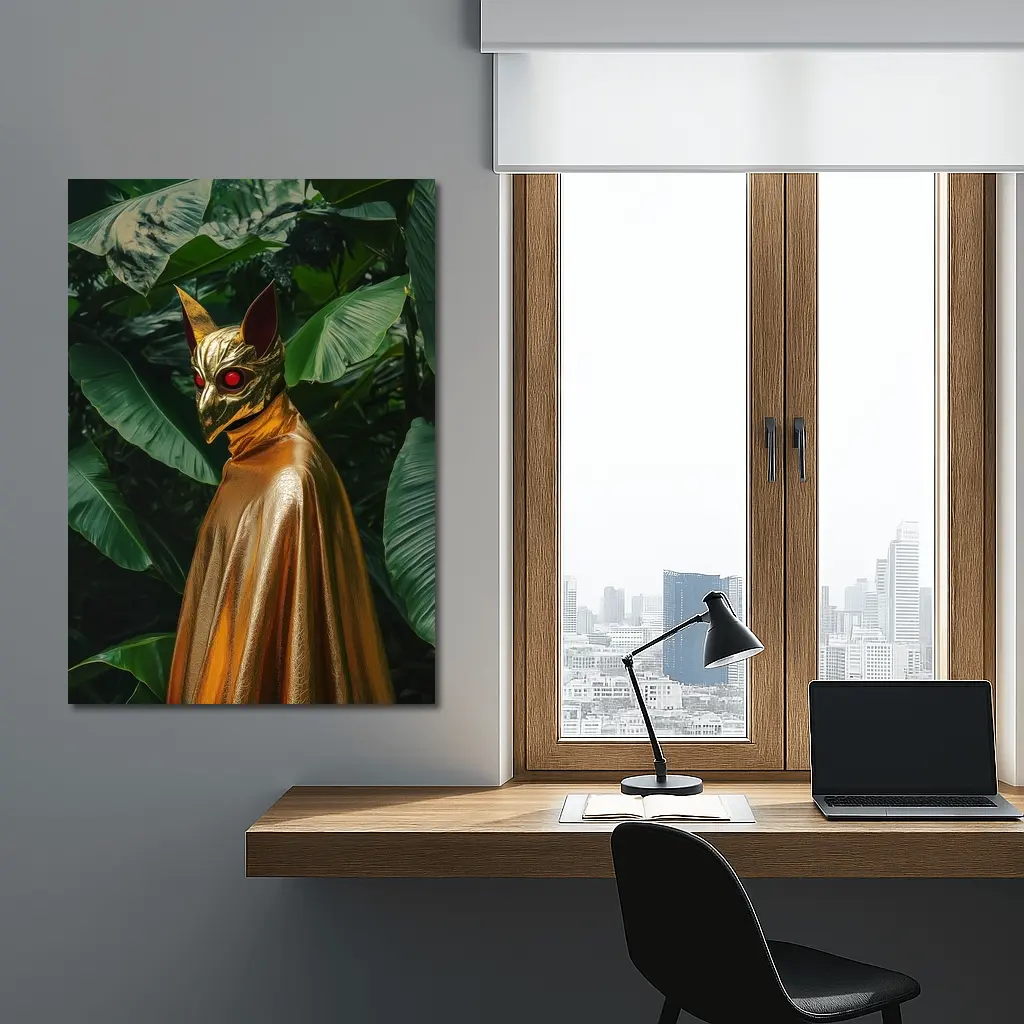 Golden Masked Figure Tropical Jungle Background – Wall Art