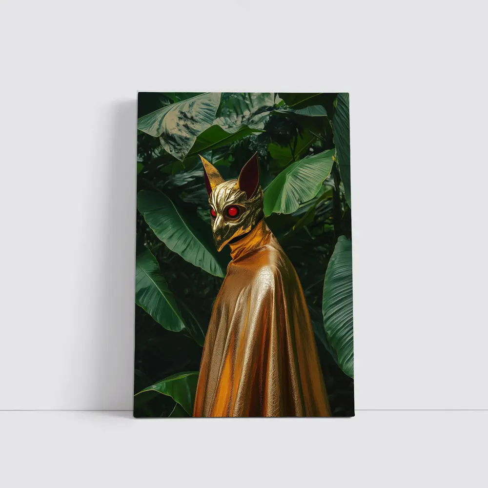 Golden Masked Figure Tropical Jungle Background – Wall Art