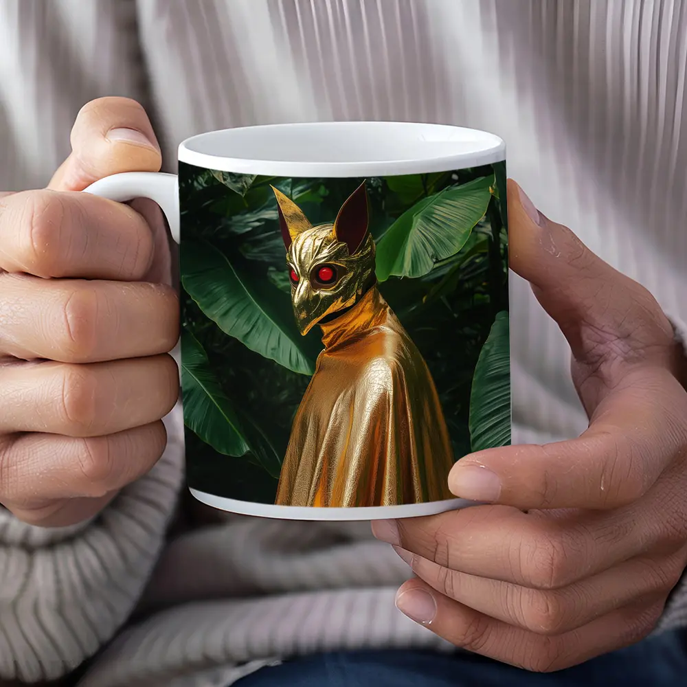 Golden Masked Figure Tropical Jungle Background – Mugs