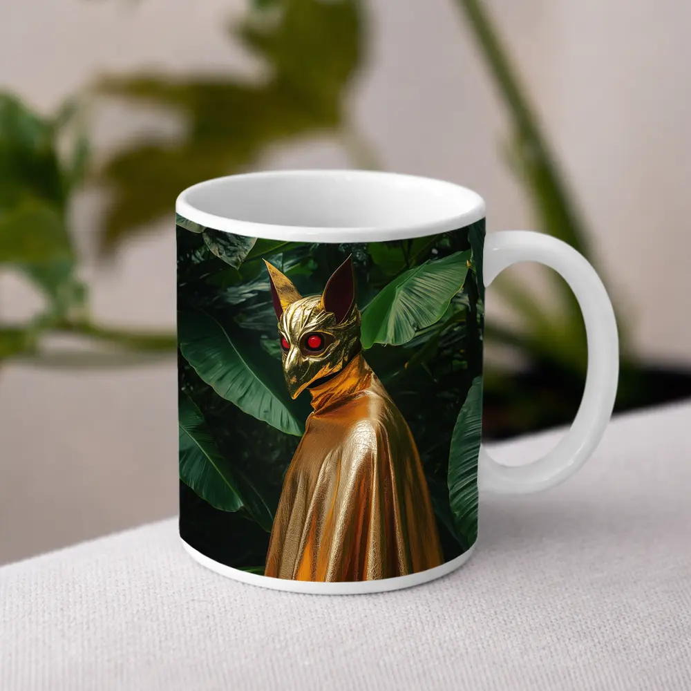 Golden Masked Figure Tropical Jungle Background – Mugs