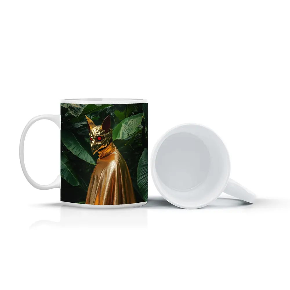 Golden Masked Figure Tropical Jungle Background – Mugs