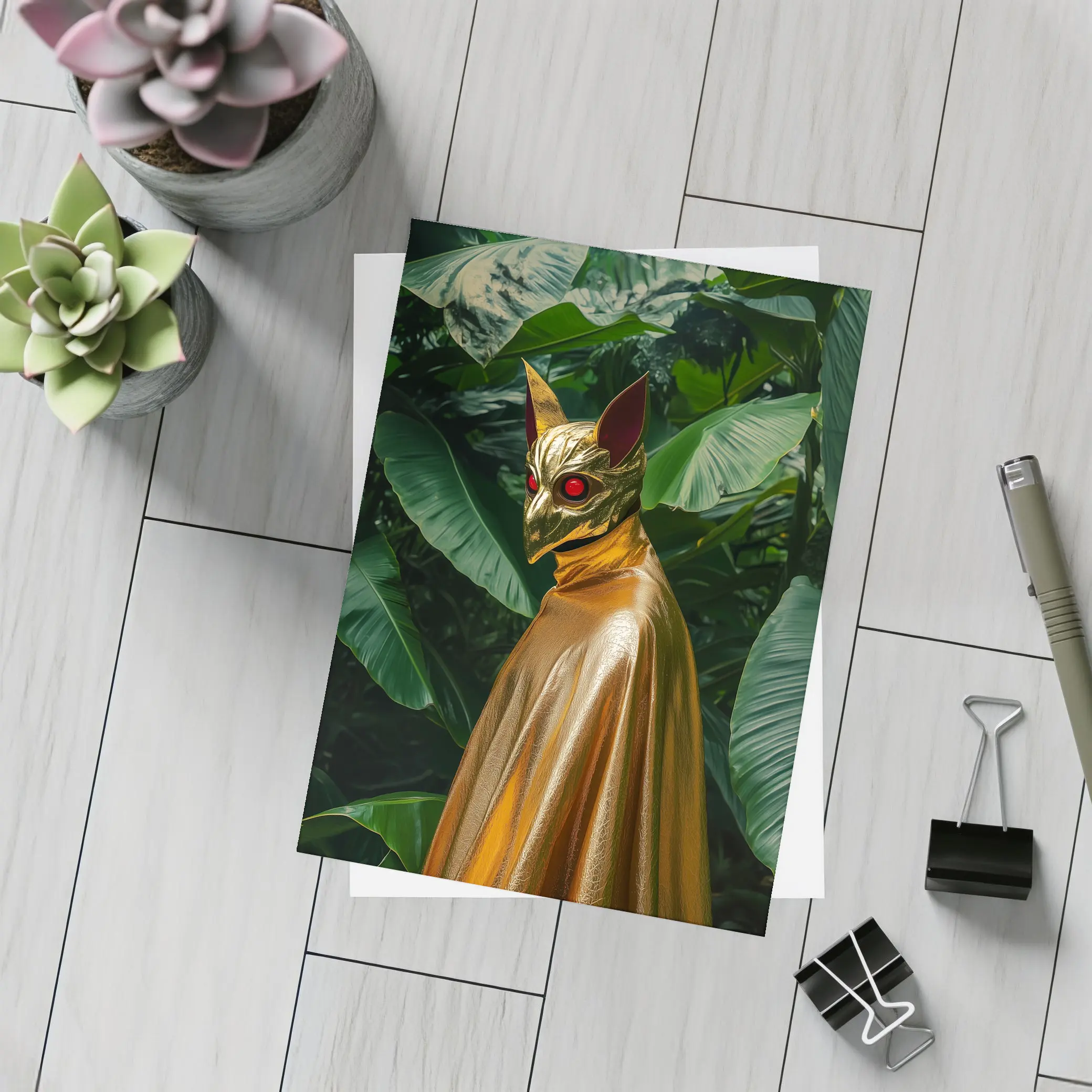 Golden Masked Figure Tropical Jungle Background – Postcards