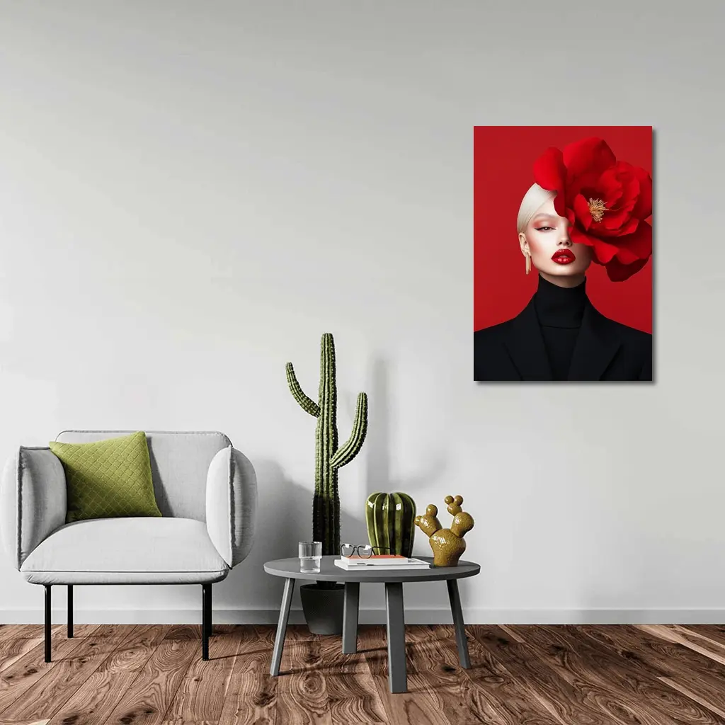 Woman Red Peony Flower Fashion Portrait – Wall Art