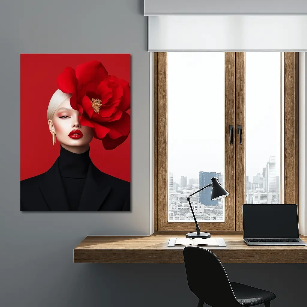 Woman Red Peony Flower Fashion Portrait – Wall Art