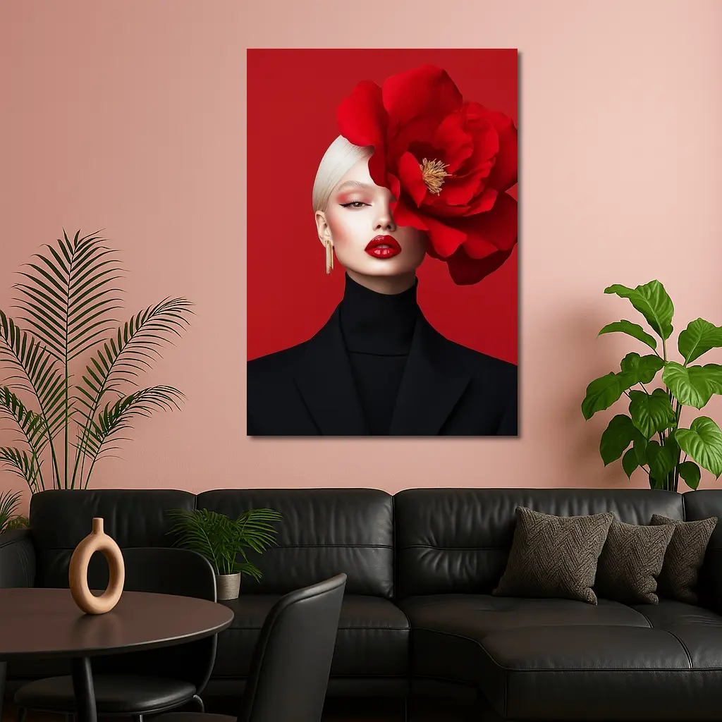 Woman Red Peony Flower Fashion Portrait – Wall Art