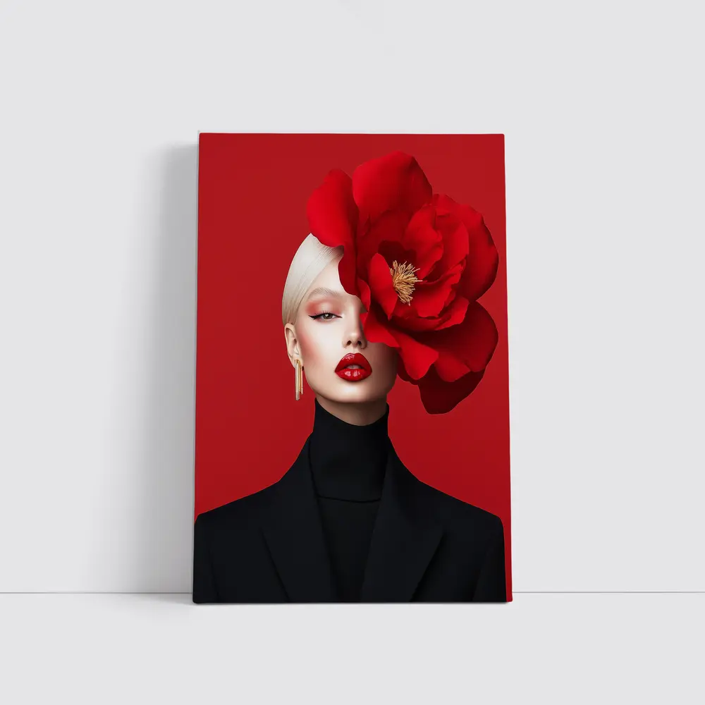 Woman Red Peony Flower Fashion Portrait – Wall Art