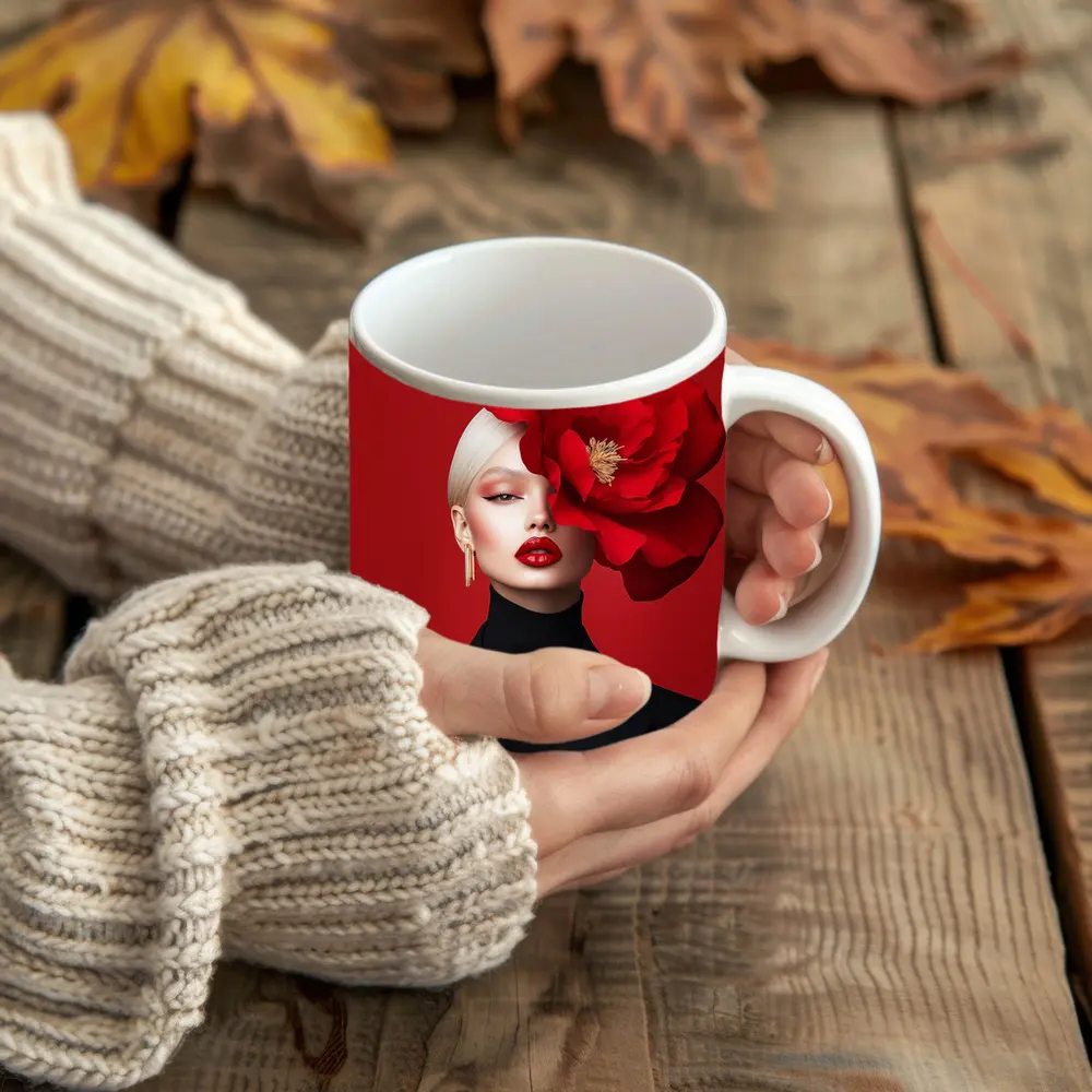 Woman Red Peony Flower Fashion Portrait – Mugs