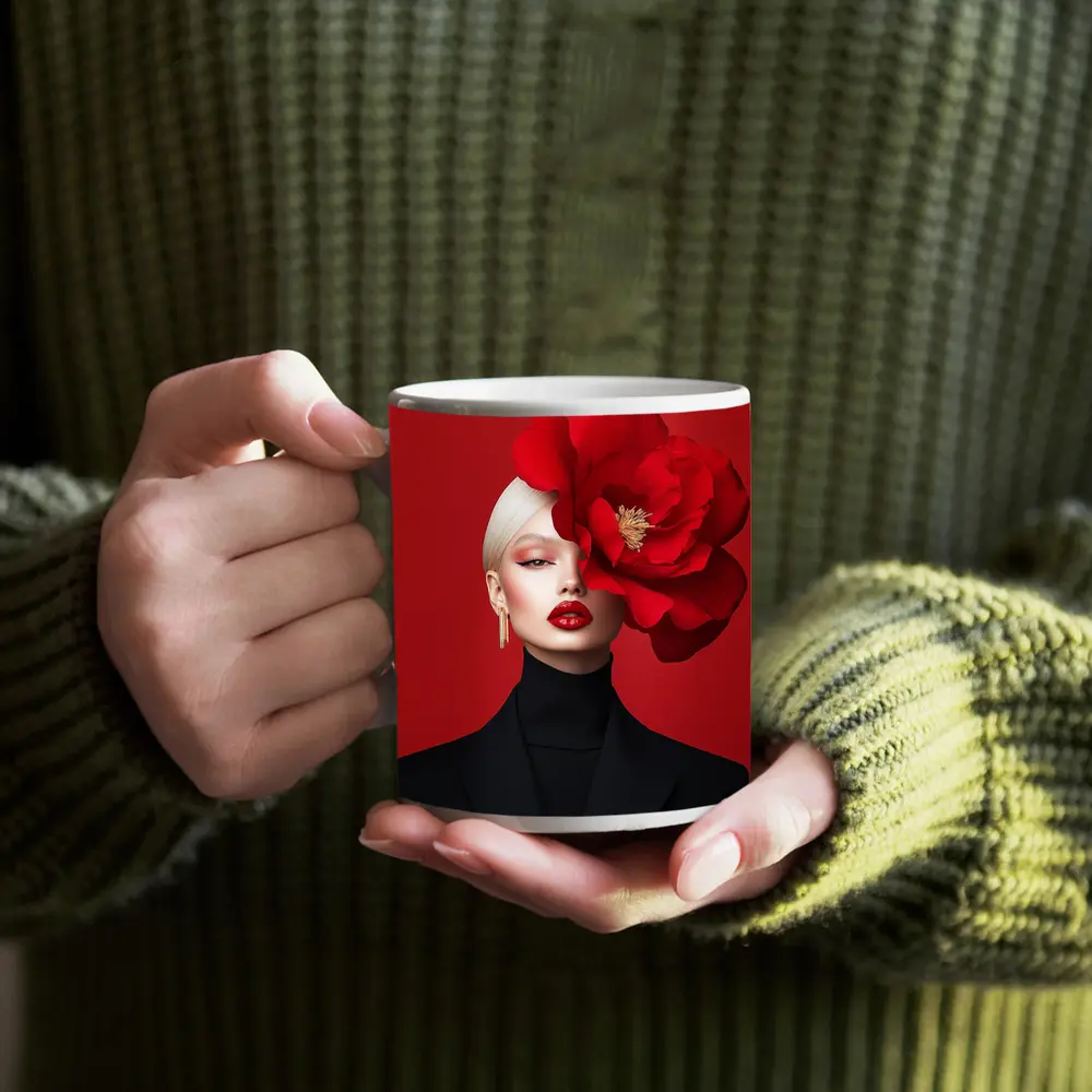 Woman Red Peony Flower Fashion Portrait – Mugs