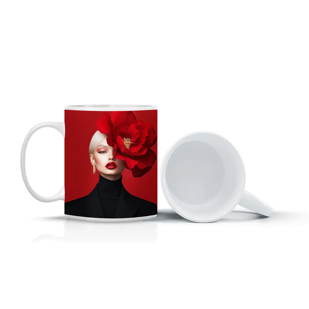 Woman Red Peony Flower Fashion Portrait – Mugs
