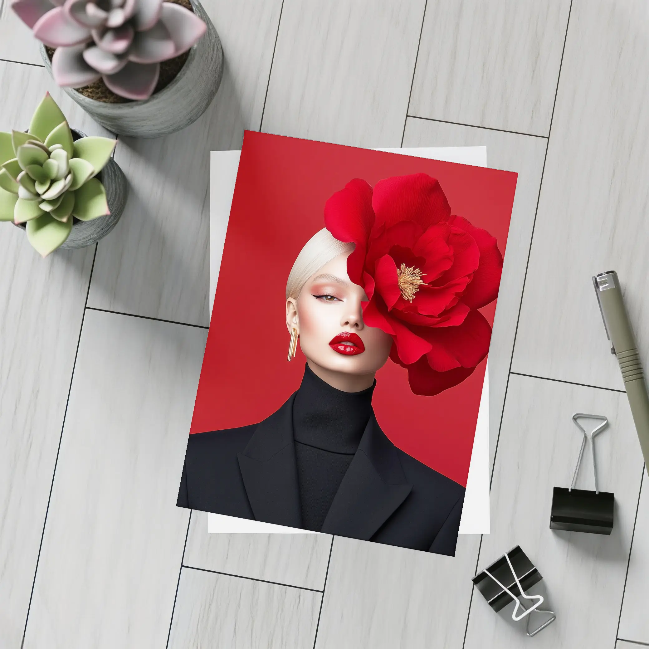 Woman Red Peony Flower Fashion Portrait – Postcards