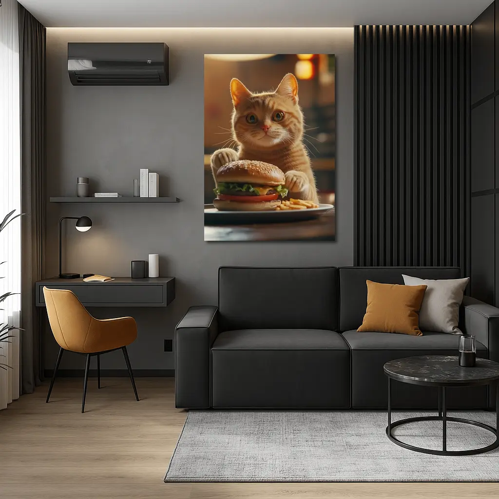 Orange Cat Holding Burger At Restaurant – Wall Art