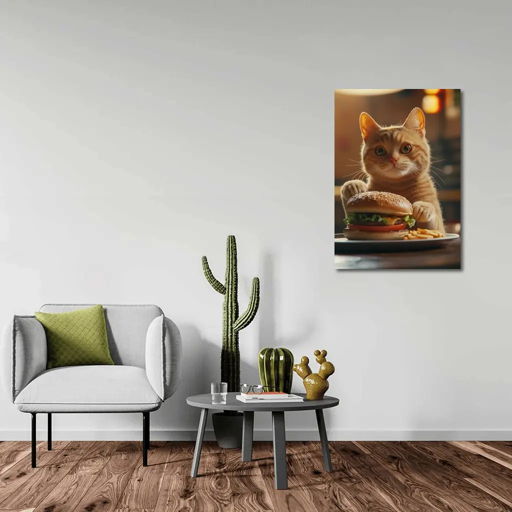 Orange Cat Holding Burger At Restaurant – Wall Art