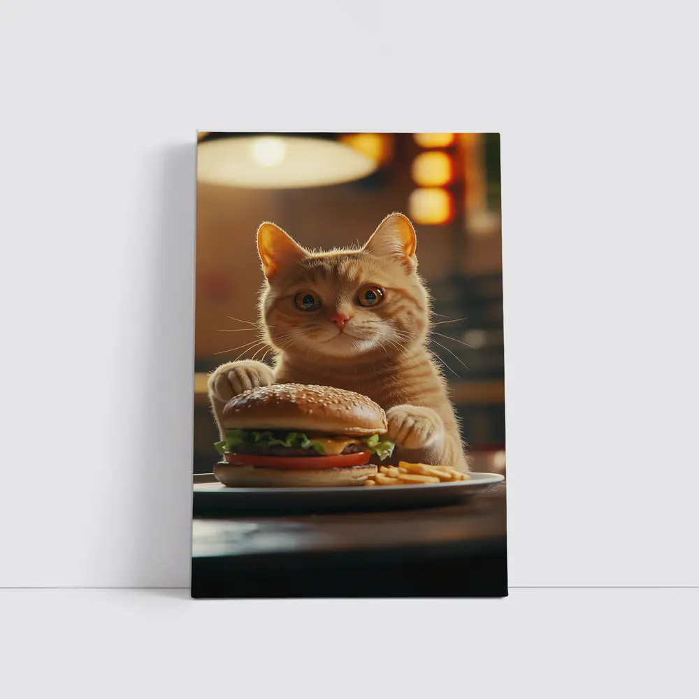 Orange Cat Holding Burger At Restaurant – Wall Art