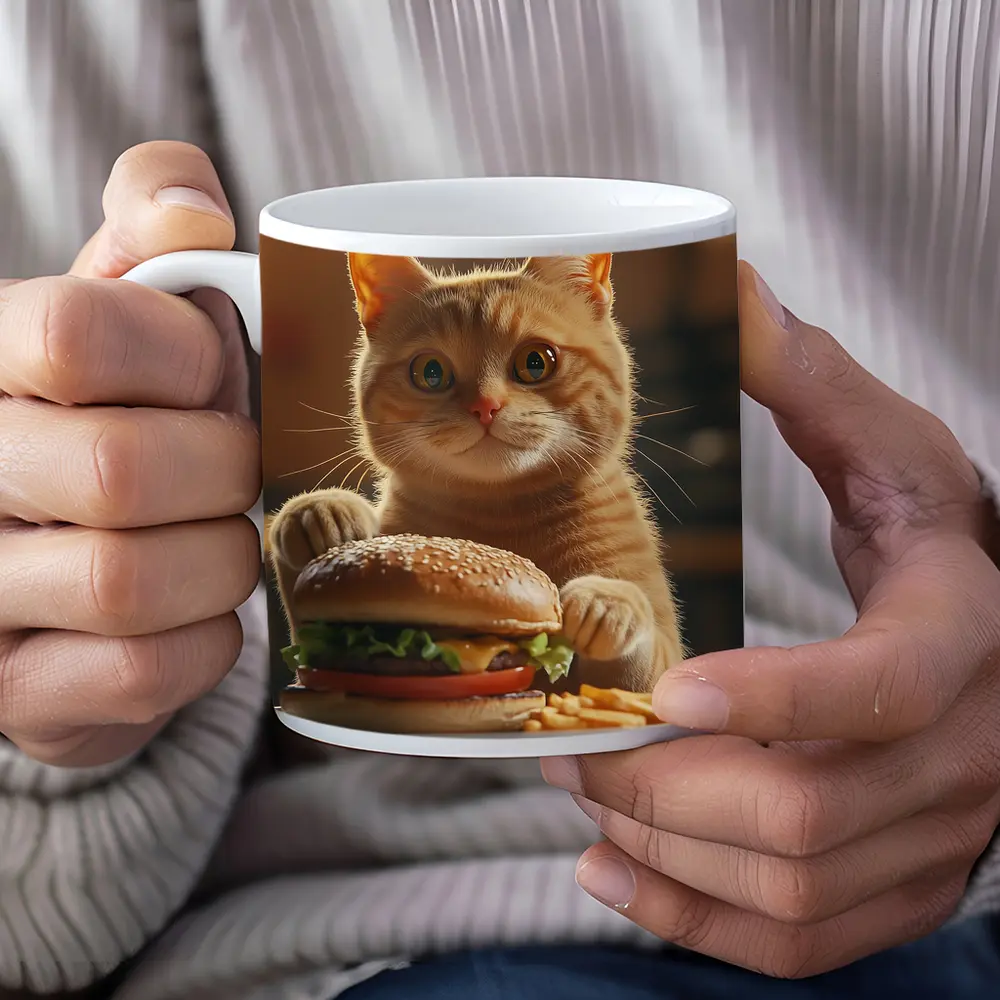 Orange Cat Holding Burger At Restaurant – Mugs