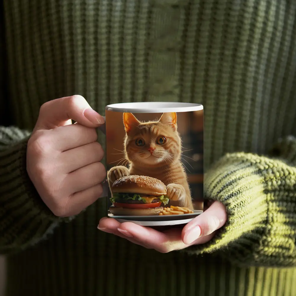 Orange Cat Holding Burger At Restaurant – Mugs