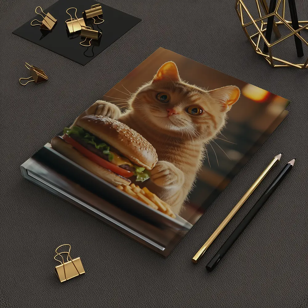 Orange Cat Holding Burger At Restaurant – Notebooks