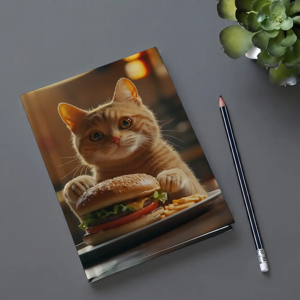 Orange Cat Holding Burger At Restaurant – Notebooks