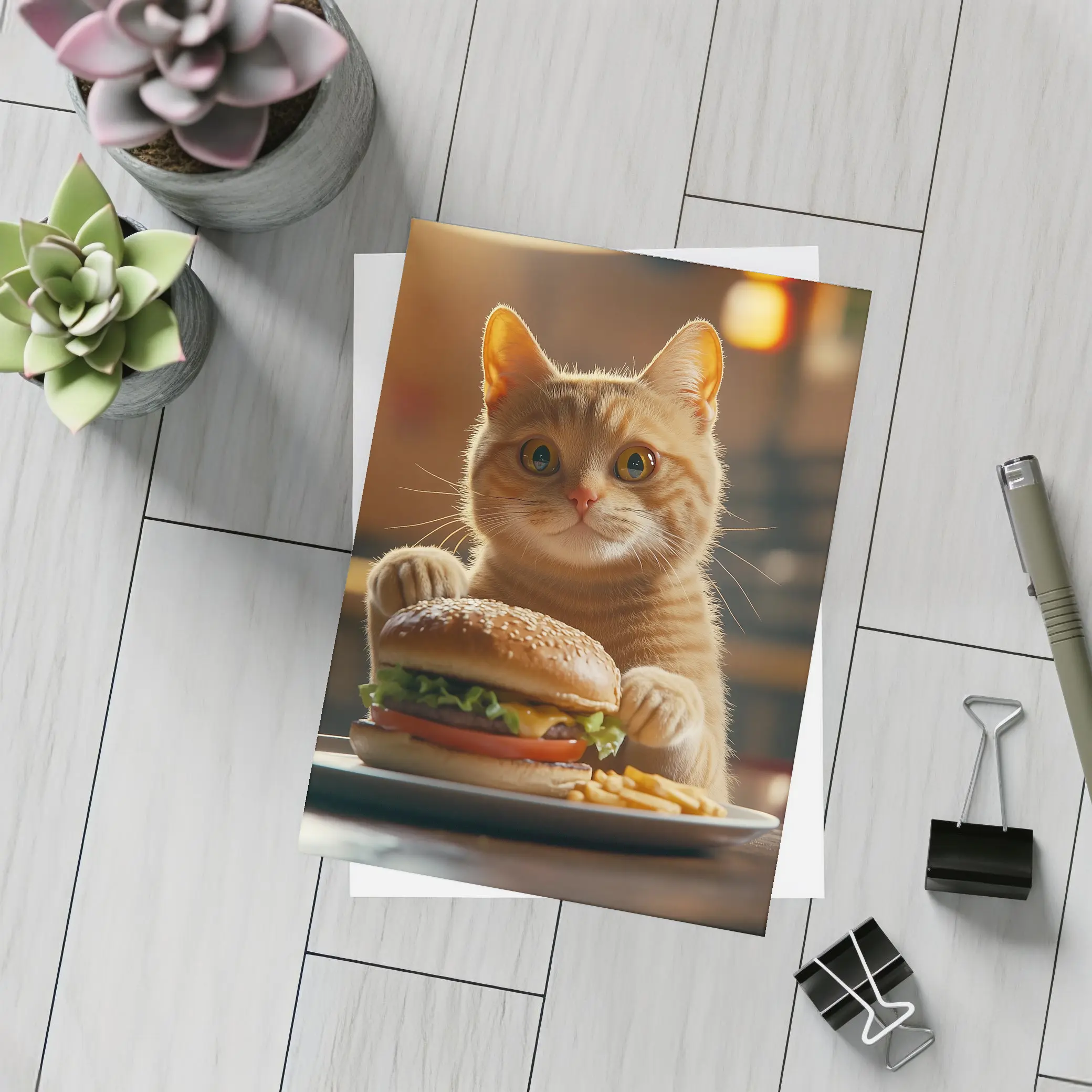 Orange Cat Holding Burger At Restaurant – Postcards