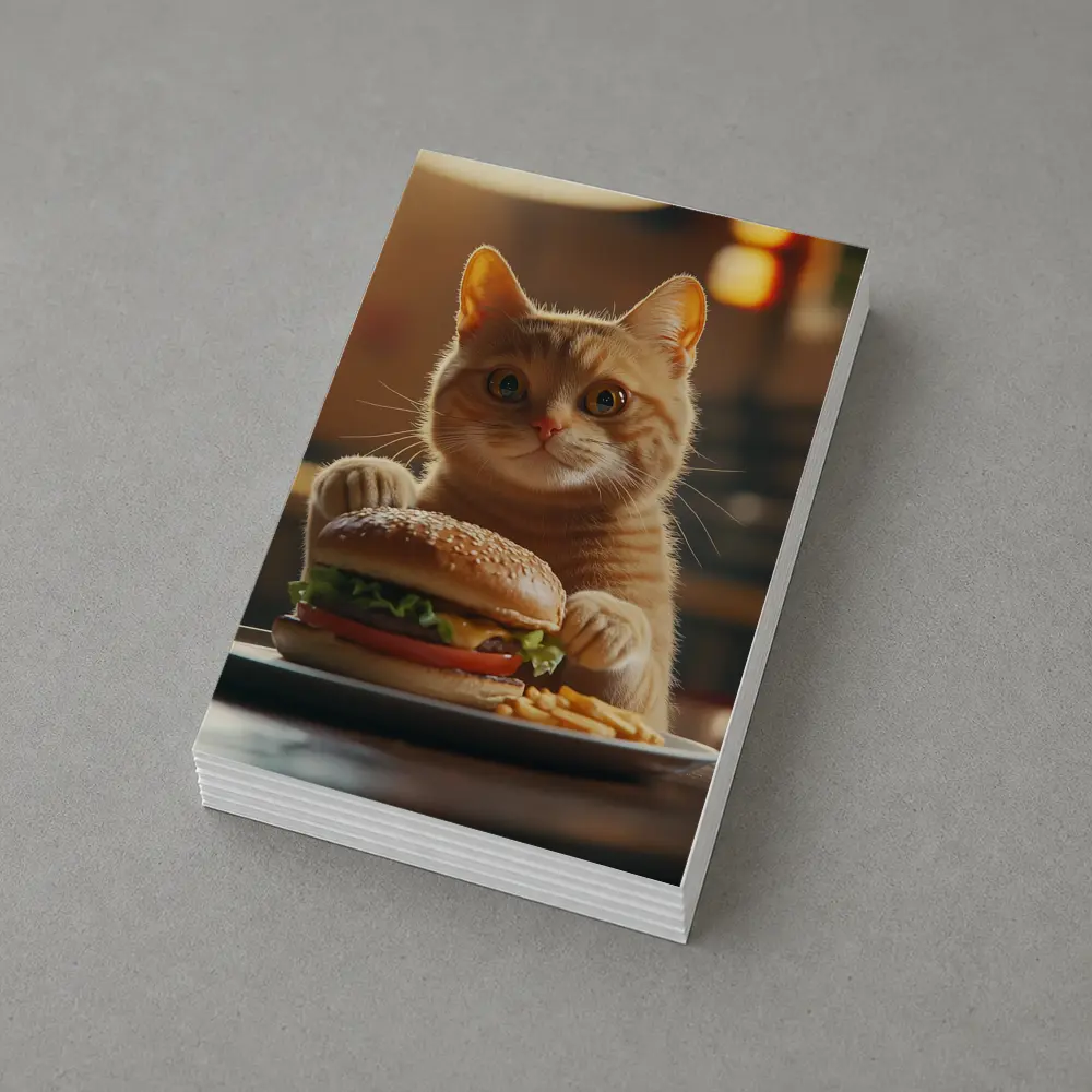 Orange Cat Holding Burger At Restaurant – Postcards