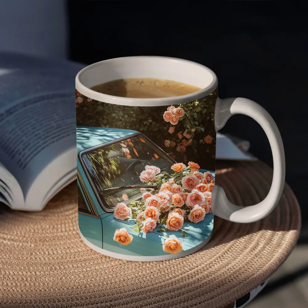 Light Blue Classic Car Covered In Roses – Mugs