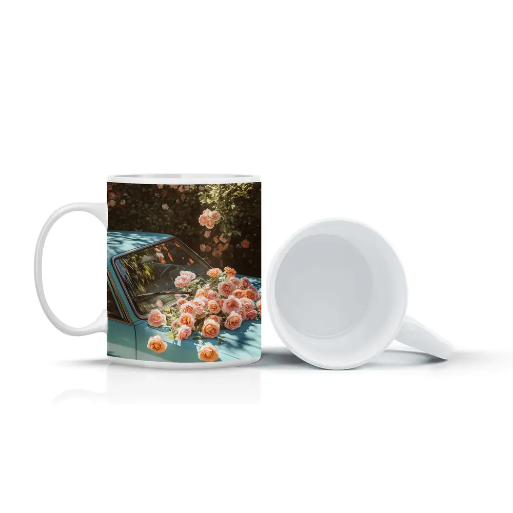 Light Blue Classic Car Covered In Roses – Mugs