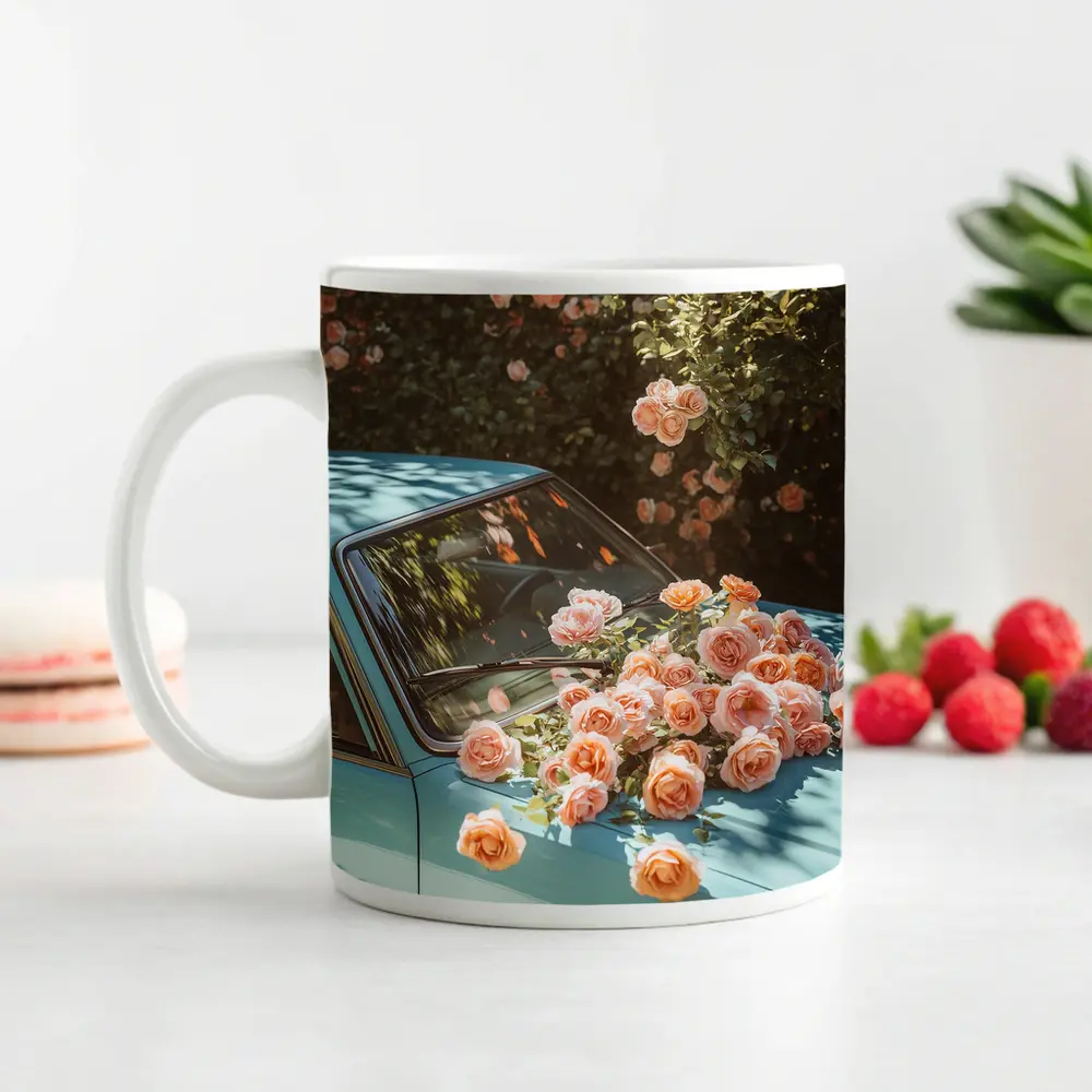 Light Blue Classic Car Covered In Roses – Mugs