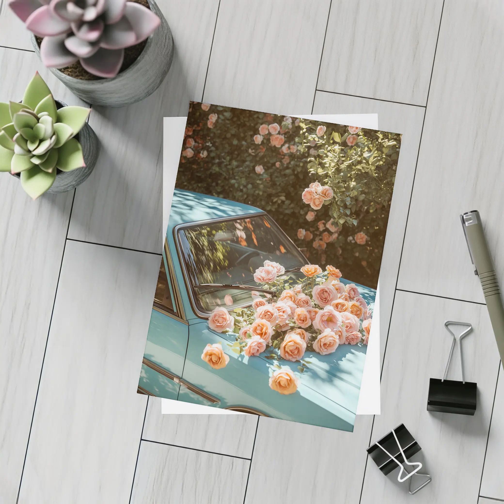 Light Blue Classic Car Covered In Roses – Postcards