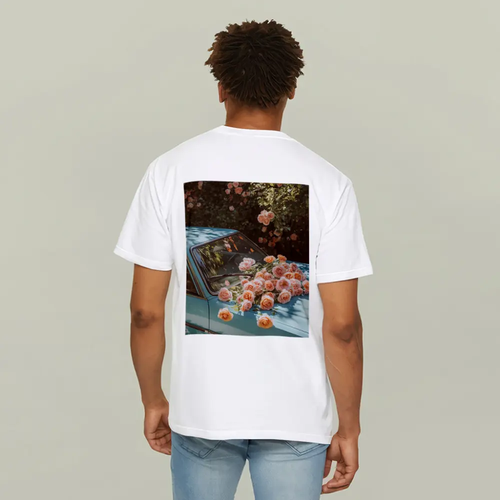 Light Blue Classic Car Covered In Roses – T-Shirts